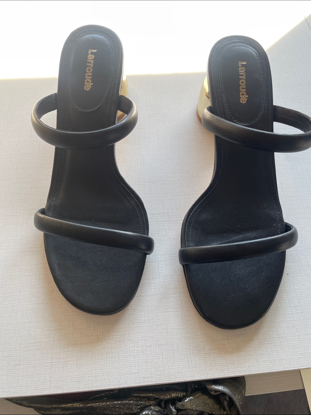 Larroude Black Double-Strap Padded Slide Sandals with Low Heel
